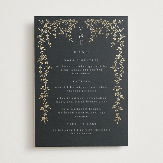"Beautiful Chuppah" - Foil-Pressed Menus in Midnight by Ana de Sousa - Front