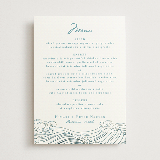 "waves" - Foil-Pressed Menus in Aqua by Jessie Steury - Front
