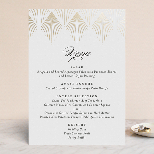 "Deco Fan Border" - Foil-Pressed Menus in Classic White by Kelly Schmidt - Front