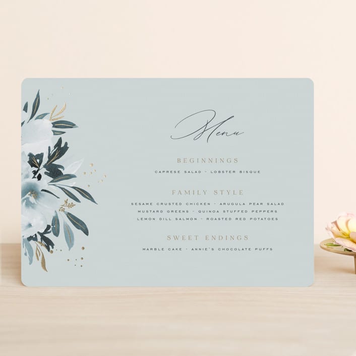 "Romance" - Foil-Pressed Menus in Neptune by Leah Bisch - Front