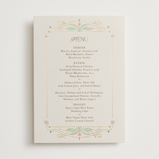 "Ornate Elegance" - Foil-Pressed Menus in Ivory by Maria Hilas-Louie - Front