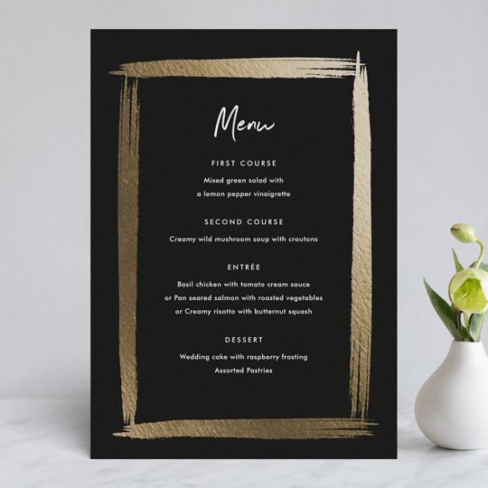 "Brushy frame" - Foil-Pressed Menus in Midnight by Stacey Meacham - Front