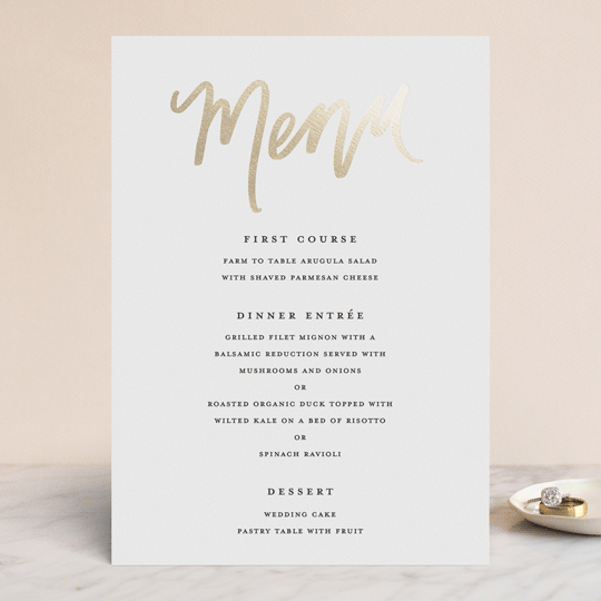 "Lovely Script" - Foil-Pressed Menus in Cotton by Stacey Meacham - Front
