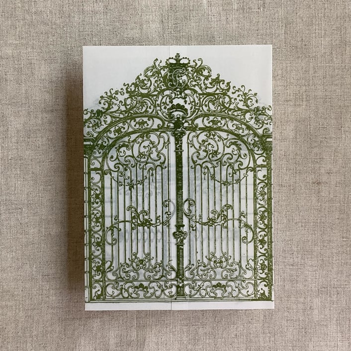 "Moss vintage arched gate printed vellum wrap for 5x7 card | pack of 10" - Invitation Jackets and Overlays in beige by Ivory Invitations