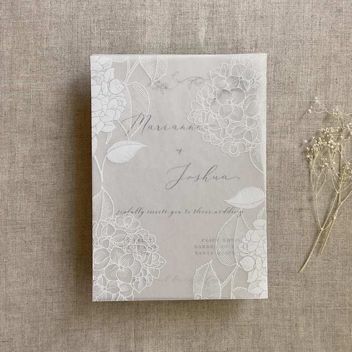 "Hydrangea white ink print vellum overlay for 5x7 card | pack of 10" - Invitation Jackets and Overlays in white by Ivory Invitations