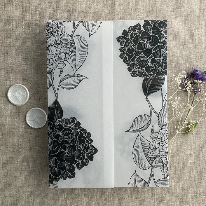 "Black Hydrangea floral printed vellum wrap for 5x7 card | pack of 10" - Invitation Jackets and Overlays in black by Ivory Invitations