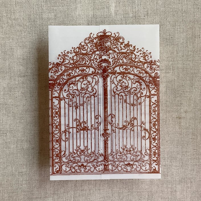 "Rust vintage arched gate printed vellum wrap for 5x7 card | pack of 10" - Invitation Jackets and Overlays in copper by Ivory Invitations