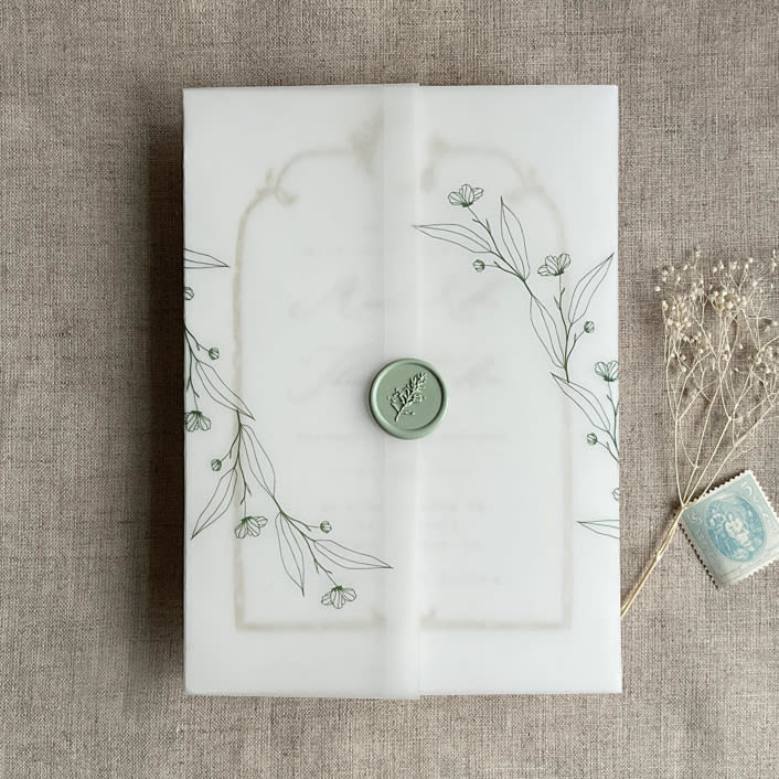 "Jessica minimalist forest green vellum wraps for 5x7 card | pack of 10" - Invitation Jackets and Overlays in green by Ivory Invitations