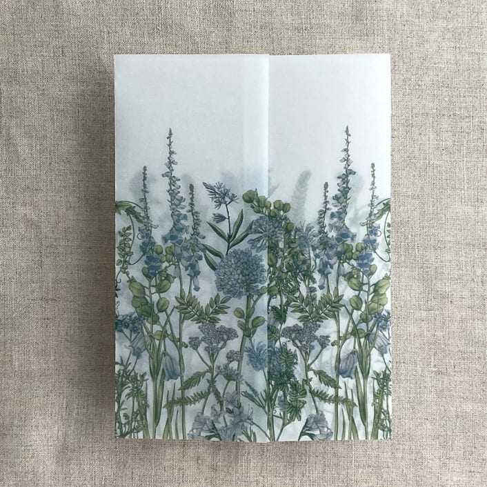 "Blue bell blossom floral printed vellum wrap for 5x7 card | pack of 10" - Invitation Jackets and Overlays in blue by Ivory Invitations