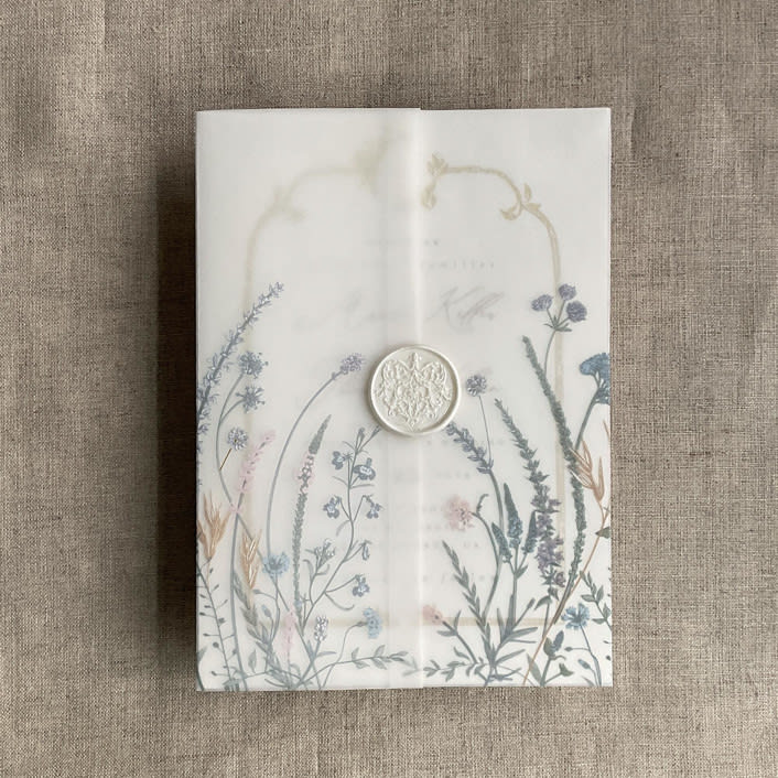 "Soft floral garden printed vellum wrap for 5x7 card | pack of 10" - Invitation Jackets and Overlays in multicolorassorted-colors by Ivory Invitations
