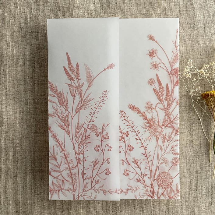 "Old rose English botanical garden floral printed vellum wrap for 5x7 card | pack of 10" - Invitation Jackets and Overlays in pink by Ivory Invitations