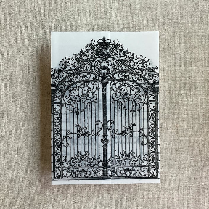 "Black vintage arched gate printed vellum wrap for 5x7 card | pack of 10" - Invitation Jackets and Overlays in black by Ivory Invitations