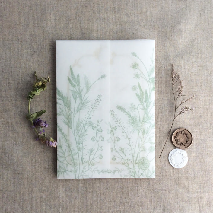 "Sage English botanical garden floral vellum wrap for 5x7 card | pack of 10" - Invitation Jackets and Overlays in green by Ivory Invitations