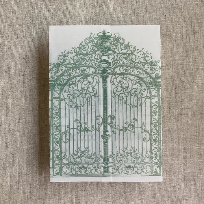 "Sage vintage arched gate printed vellum wrap for 5x7 card | pack of 10" - Invitation Jackets and Overlays in green by Ivory Invitations