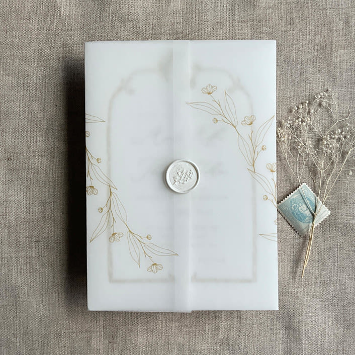 "Jessica minimalist gold vellum wraps for 5x7 card | pack of 10" - Invitation Jackets and Overlays in gold by Ivory Invitations