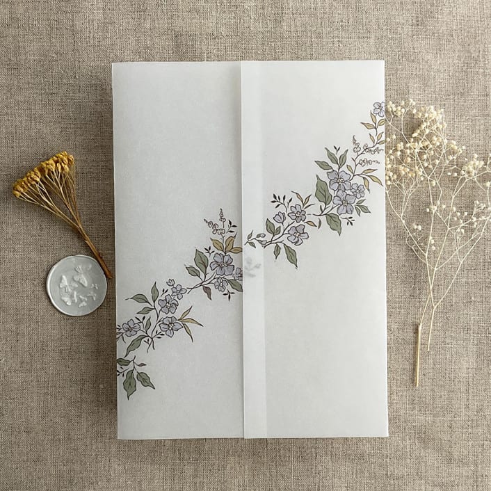 "Lauren minimalist blue floral garland printed vellum wrap for 5x7 card | pack of 10" - Invitation Jackets and Overlays in blue by Ivory Invitations