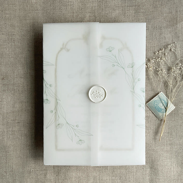 "Jessica minimalist sage envelope vellum wraps for 5x7 card | pack of 10" - Invitation Jackets and Overlays in green by Ivory Invitations