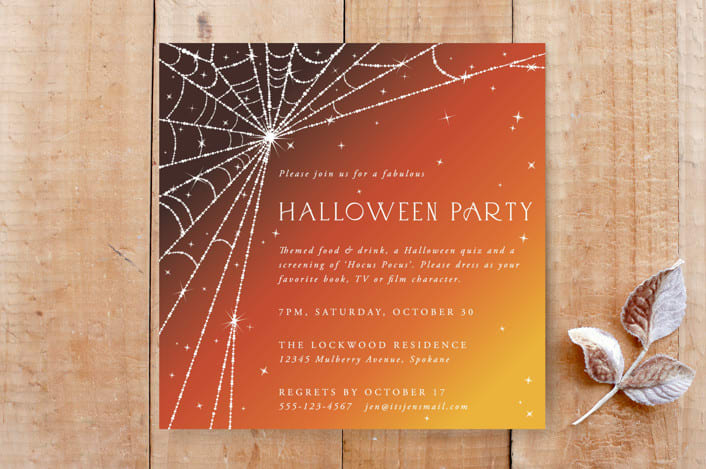 "Square Sparkling Spiderweb Halloween Party Invitation" - Stationery in Orange Sunset by itsjensworld - Front