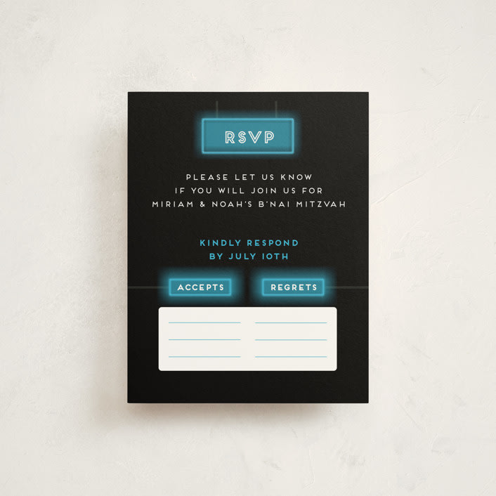 "Neon Glow - B’nai / Bat / Bar Mitzvah Invitation" - Mitzvah RSVP Cards in Lagoon by Anne Retter - SchoepfergeistArt - Front