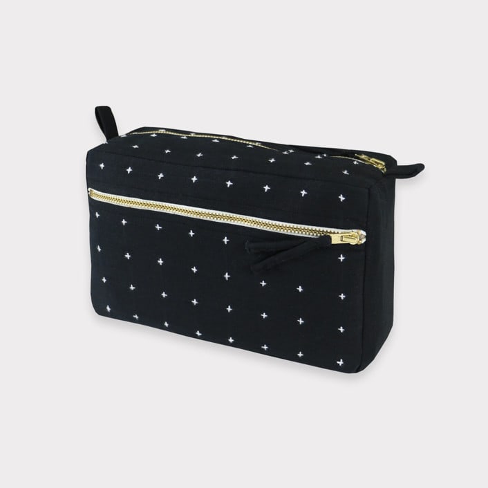 "Medium Cross-Stitch Toiletry Bag - Charcoal" - Makeup Bag in black by Anchal