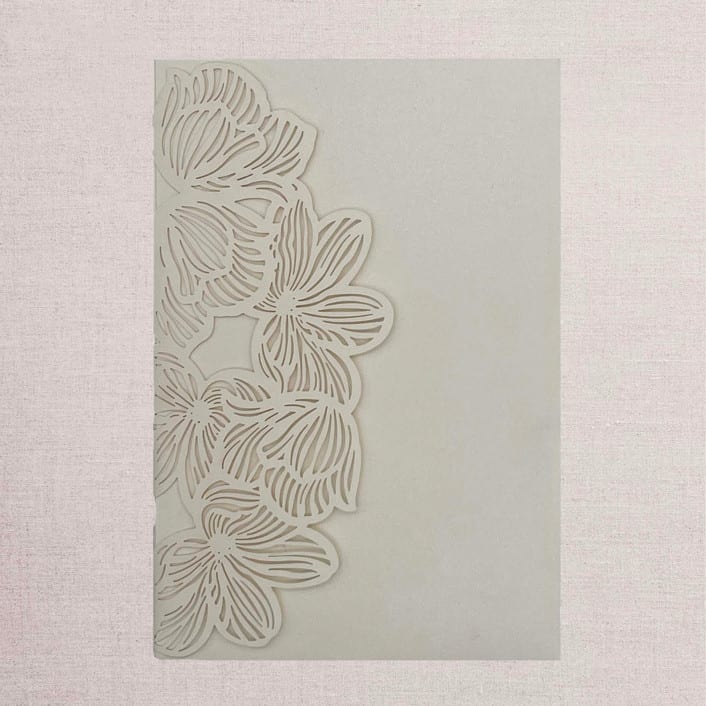 "Qty of 50 Custom Ivory Shimmer Exquisite Flower Tri-fold Laser Cut with Inside Pocket | Other Color Options Available" - Invitation Pockets in pink by Papel Custom Design
