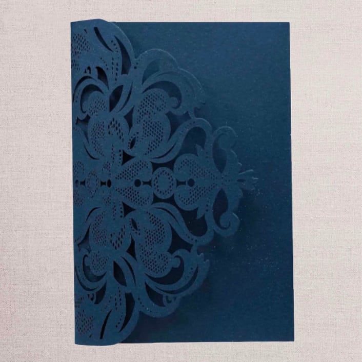 "Qty of 50 Custom Navy Shimmer Classic Lace Tri-fold Laser Cut | Other Color Options Available" - Invitation Pockets in white by Papel Custom Design