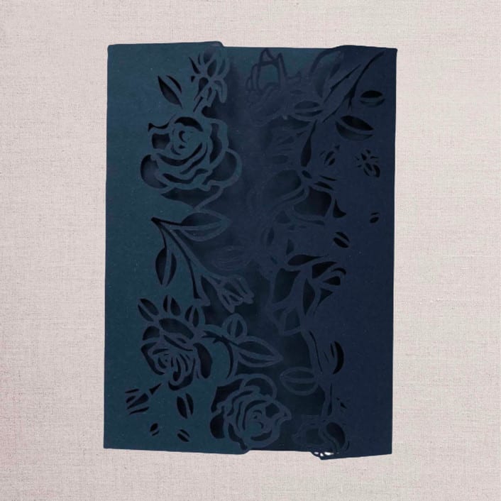 "Qty of 50 Custom Navy Shimmer Special Asymmetric Rose Design Laser Cut | Other Color Options Available" - Invitation Pockets in beige by Papel Custom Design