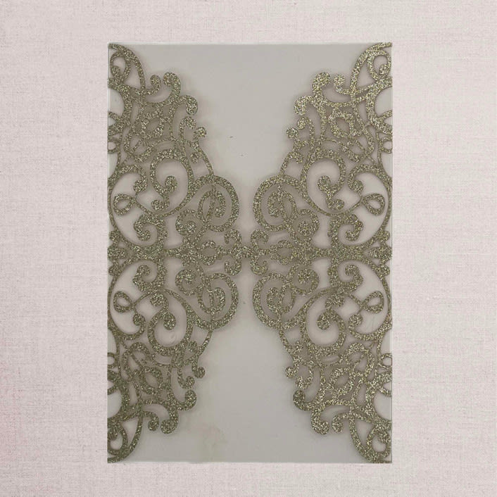 "Qty of 50 Custom Stunning Lace Glitter Champagne Gold Laser Cut Gatefold | Other Color Options Available" - Invitation Pockets in green by Papel Custom Design
