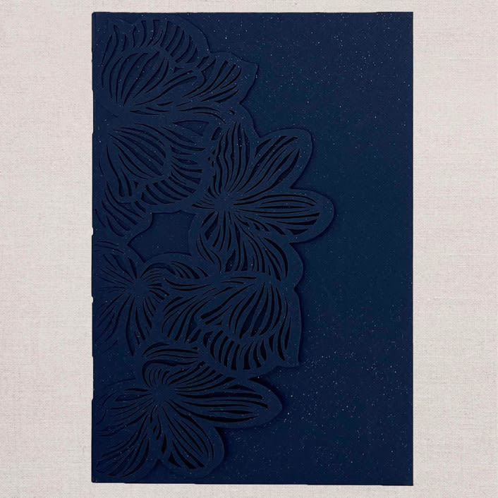 "Qty of 50 Custom Navy Shimmer Exquisite Flower Tri-fold Laser Cut with Inside Pocket | Other Color Options Available" - Invitation Pockets in white by Papel Custom Design