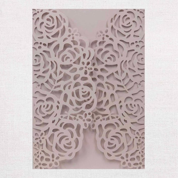 "Qty of 50 Custom Blush Shimmer Rose Design Laser Cuts with mailing envelopes" - Invitation Pockets in brass by Papel Custom Design