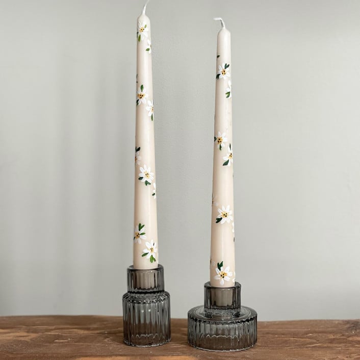 Ivory with White Floral Hand-Painted Taper Candles by Ashley Myers