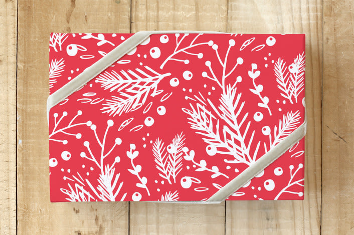"Festive Evergreen" - Wrapping Paper in Bright Berry by Kristie Kern - Front