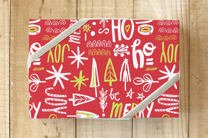 "Be Merry Holiday Joy" - Wrapping Paper in Festive Red by karen chrysiliou - Front