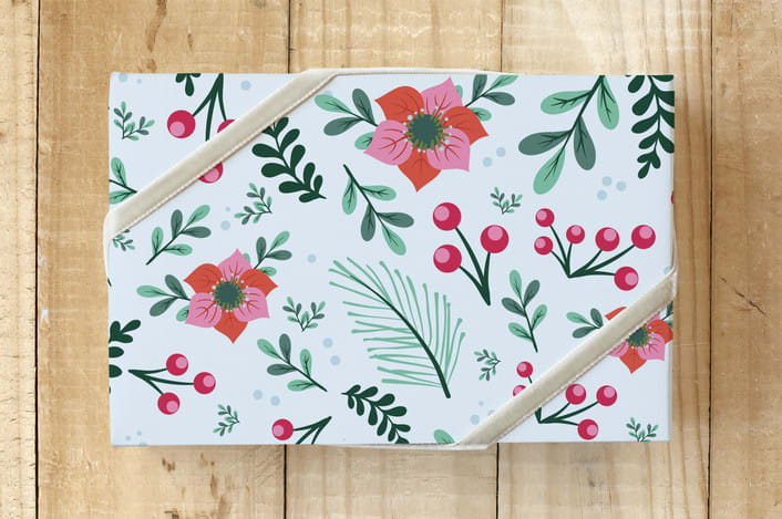 "Christmas Floral Dream" - Wrapping Paper in Pale Blue by Emily Henning - Front