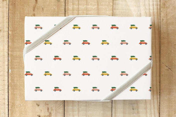 "Holly Jolly Vintage Car" - Wrapping Paper in Cream by Ellen Schlegelmilch - Front