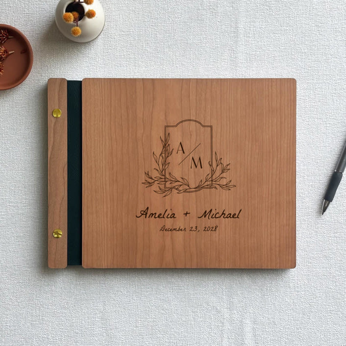 "Laurel Crest Wedding Guest Book | Cherry Wood | 8.5 x 11" - Guest Books in brown by Katrina Mejia