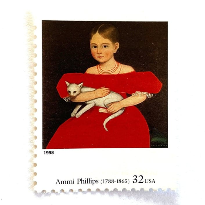 "Ammi Phillips' "Girl in Red Dress with Cat and Dog" Postage Stamps | Four Centuries of American Art Series | Vintage Unused USPS Postage 32c | Pack of 10" - Postage Stamps in red by Jennifer Kramer