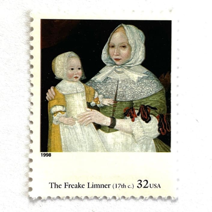 "The Freake Limner's "Mrs. Elizabeth Freake and Baby Mary" Postage Stamps | Four Centuries of American Art Series | Vintage Unused USPS Postage 32c | Pack of 10" - Postage Stamps in black by Jennifer Kramer
