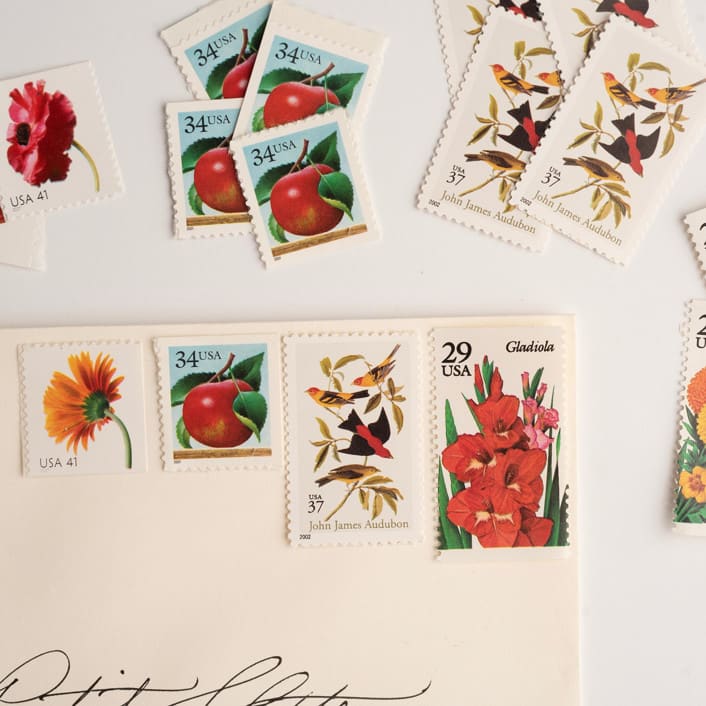 "Apples and Audubon Vintage Postage Set // Set of 5 // $1.41 in postage" - Postage Stamps in red by Flourish Fine Writing