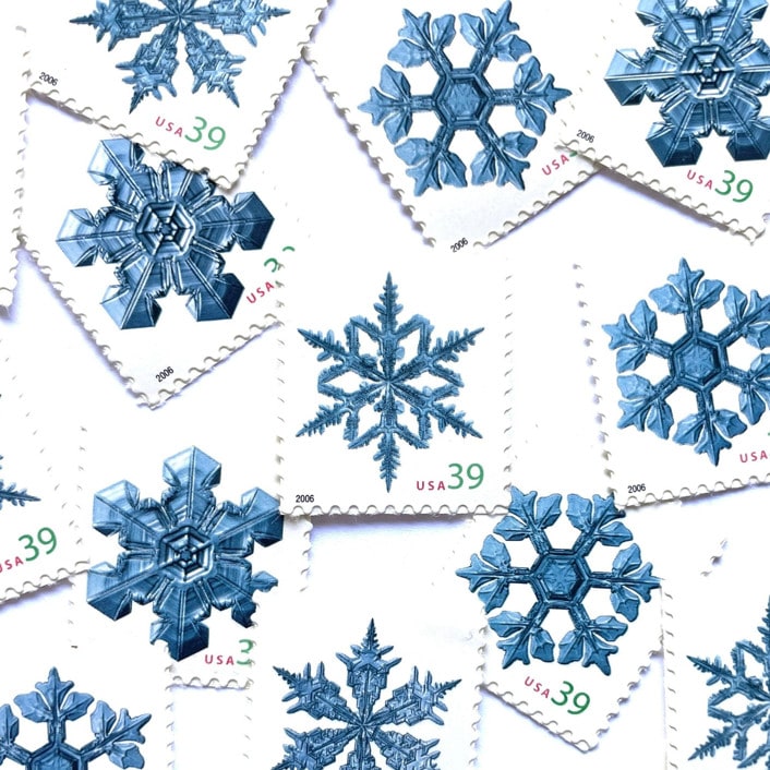 "Set of 4 “Holiday Snowflakes” Stamps | Contemporary Christmas Series | Vintage Unused USPS Postage 39c | Pack of 5" - Postage Stamps in blue by Jennifer Kramer