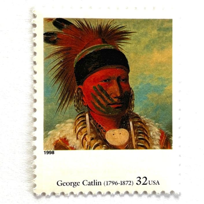 "George Catlin's "The White Cloud, Head Chief of the Iowas" Postage Stamps | Four Centuries of American Art Series | Vintage Unused USPS Postage 32c | Pack of 10" - Postage Stamps in red by Jennifer Kramer