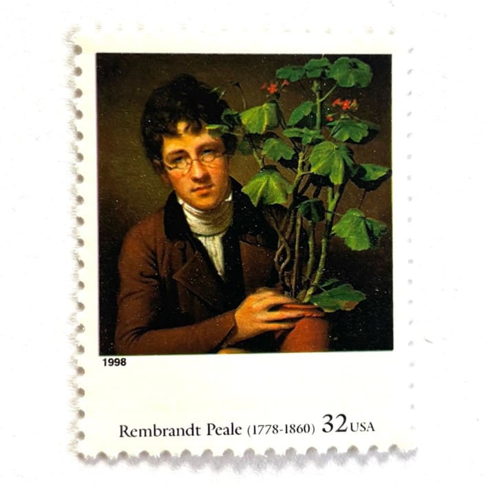"Rembrandt Peale's "Rubens Peale with a Geranium" Postage Stamps | Four Centuries of American Art Series | Vintage Unused USPS Postage 32c | Pack of 10" - Postage Stamps in brown by Jennifer Kramer