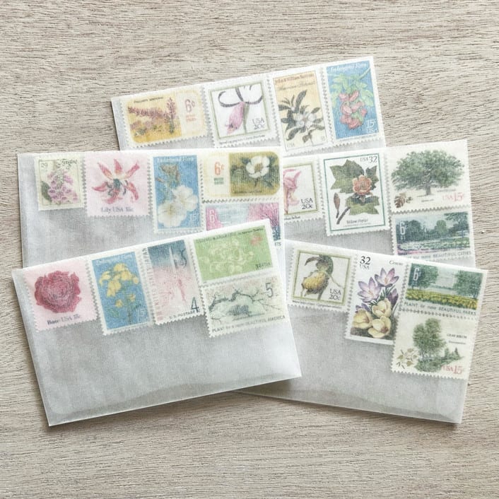 78 cents . FLORAL vintage postage stamp variety pack . Set of 5