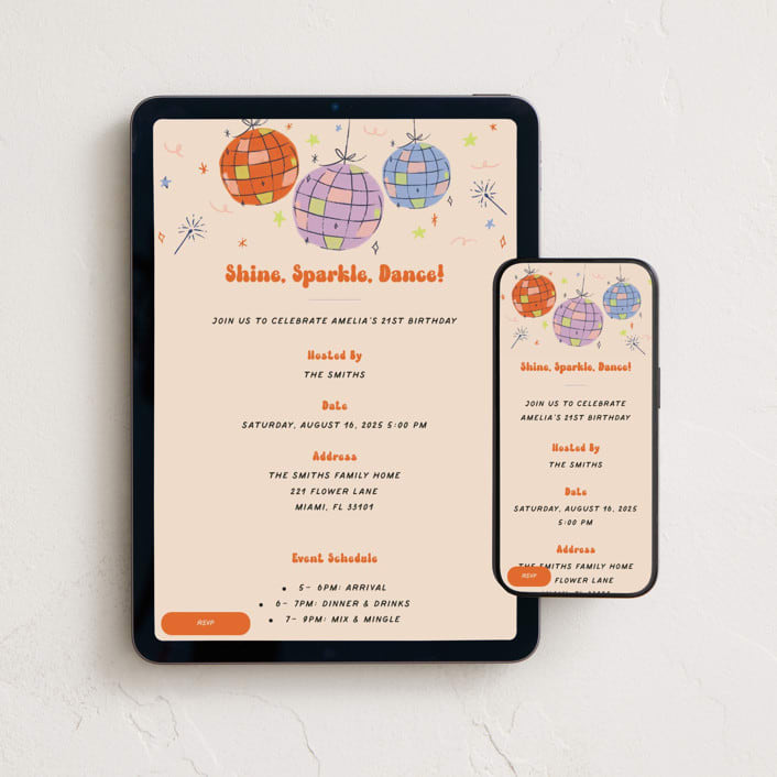 "Disco Fever" - Online Birthday Invitations in Papaya by Vera Lim - Mobile + desktop layout