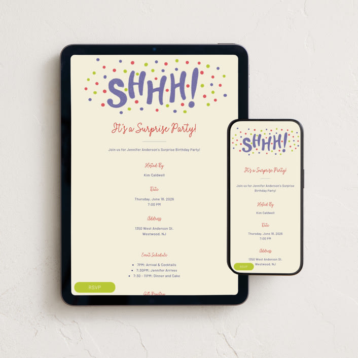 "Shhh...It's A Surprise" - Online Birthday Invitations in Grape by Sharon Sommerhalter - Mobile + desktop layout