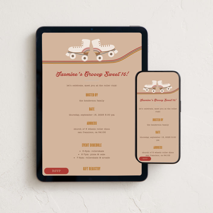 "Groovy Skates" - Online Birthday Invitations in Almond by jomolo - Mobile + desktop layout