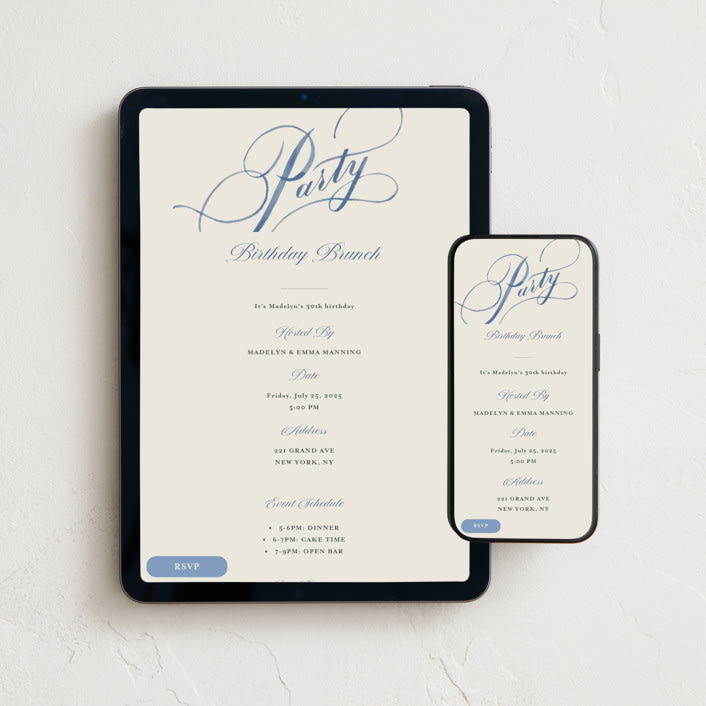 "Watercolor Lettering" - Online Birthday Invitations in Navy by Shannon Chen of Four Wet Feet Studio - Mobile + desktop layout