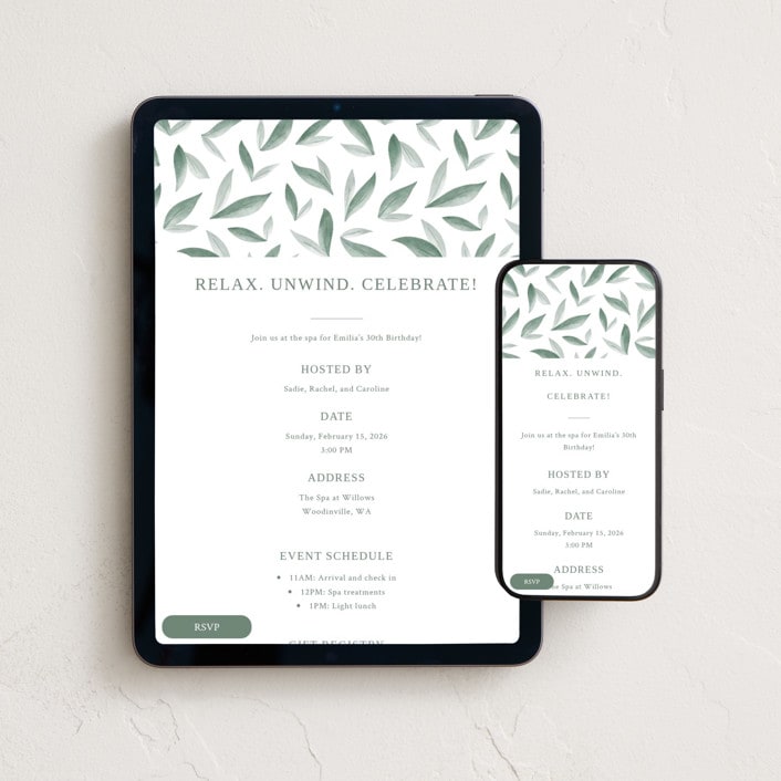 "Relax & Unwind" - Online Birthday Invitations in Eucalyptus by Carolyn Kach - Mobile + desktop layout