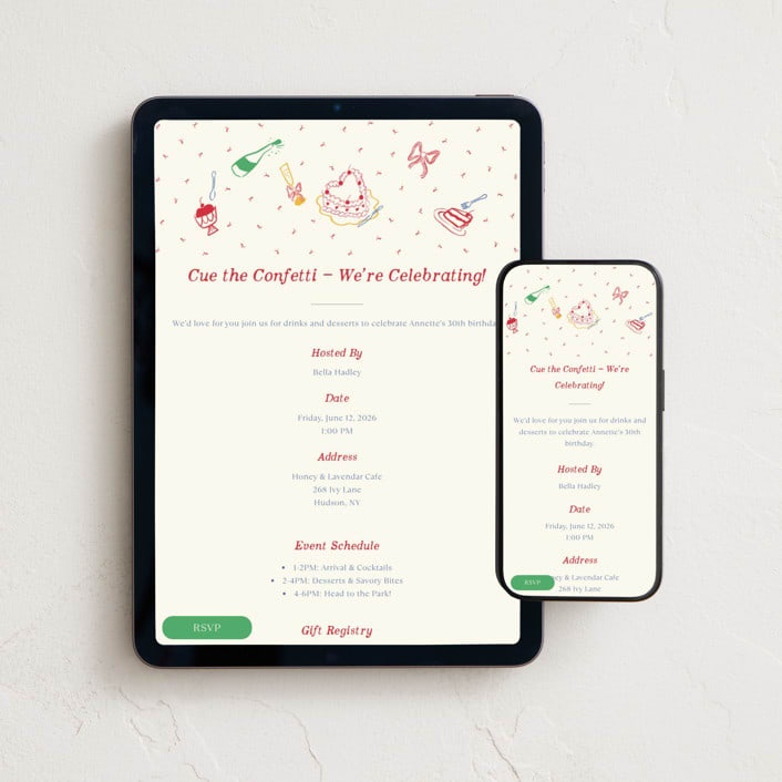 "Confetti & Cheers" - Online Birthday Invitations in Fruitcake by Sarah Rosenthal - Mobile + desktop layout