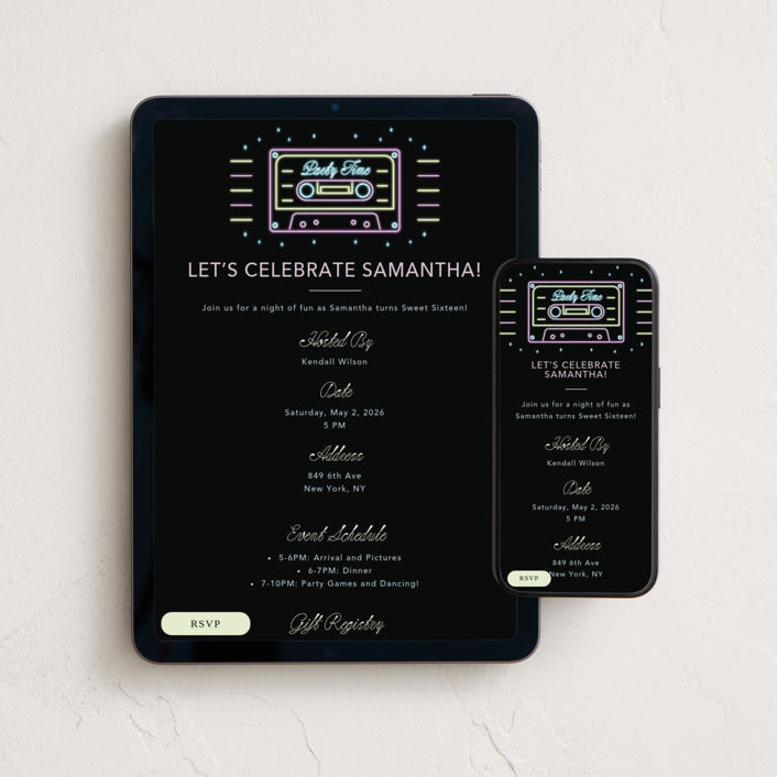 "Neon Party Vibes" - Online Birthday Invitations in Ink by Ana de Sousa - Mobile + desktop layout
